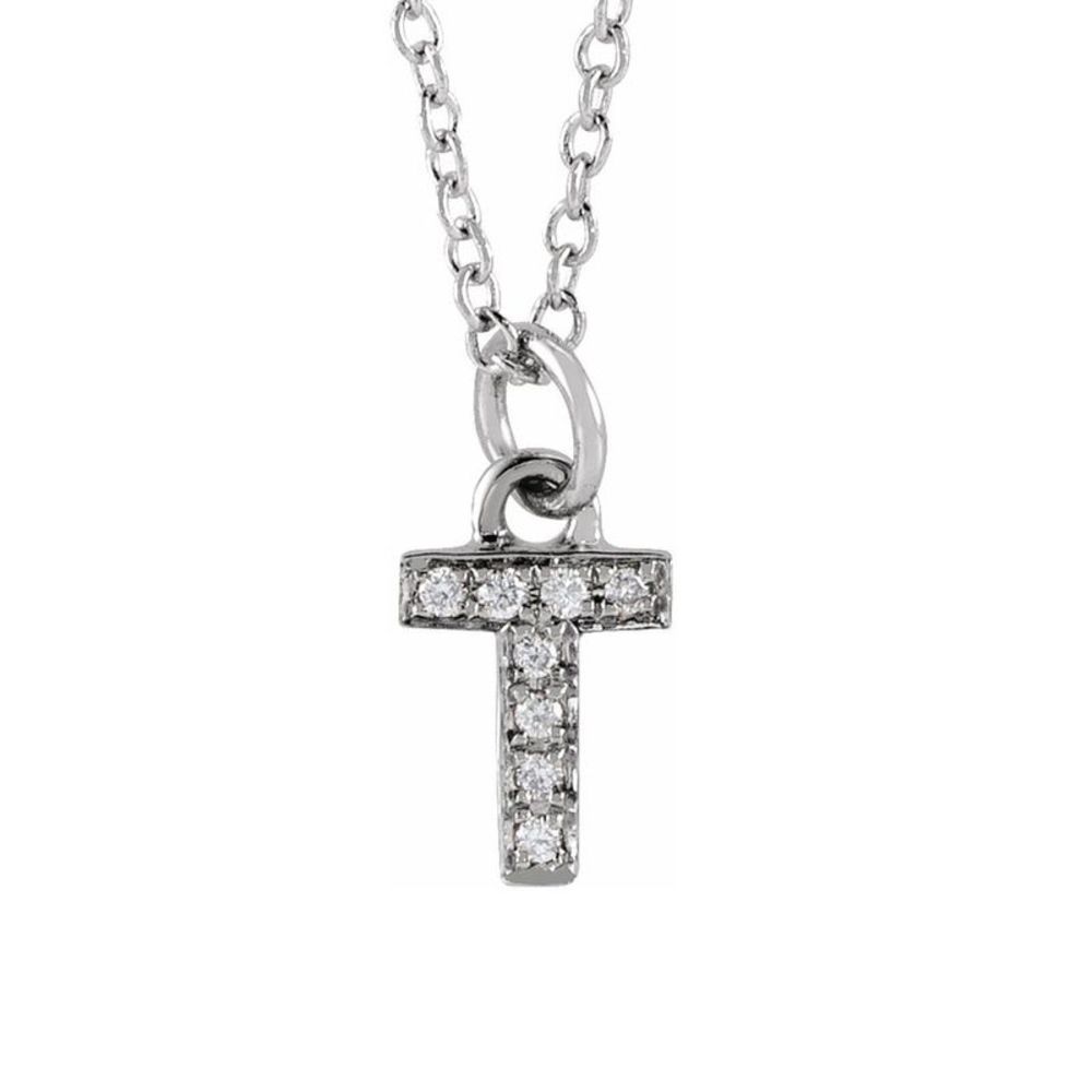 14K White Gold .03 CTW Diamond Tiny Initial T Necklace, 16-18 Inch